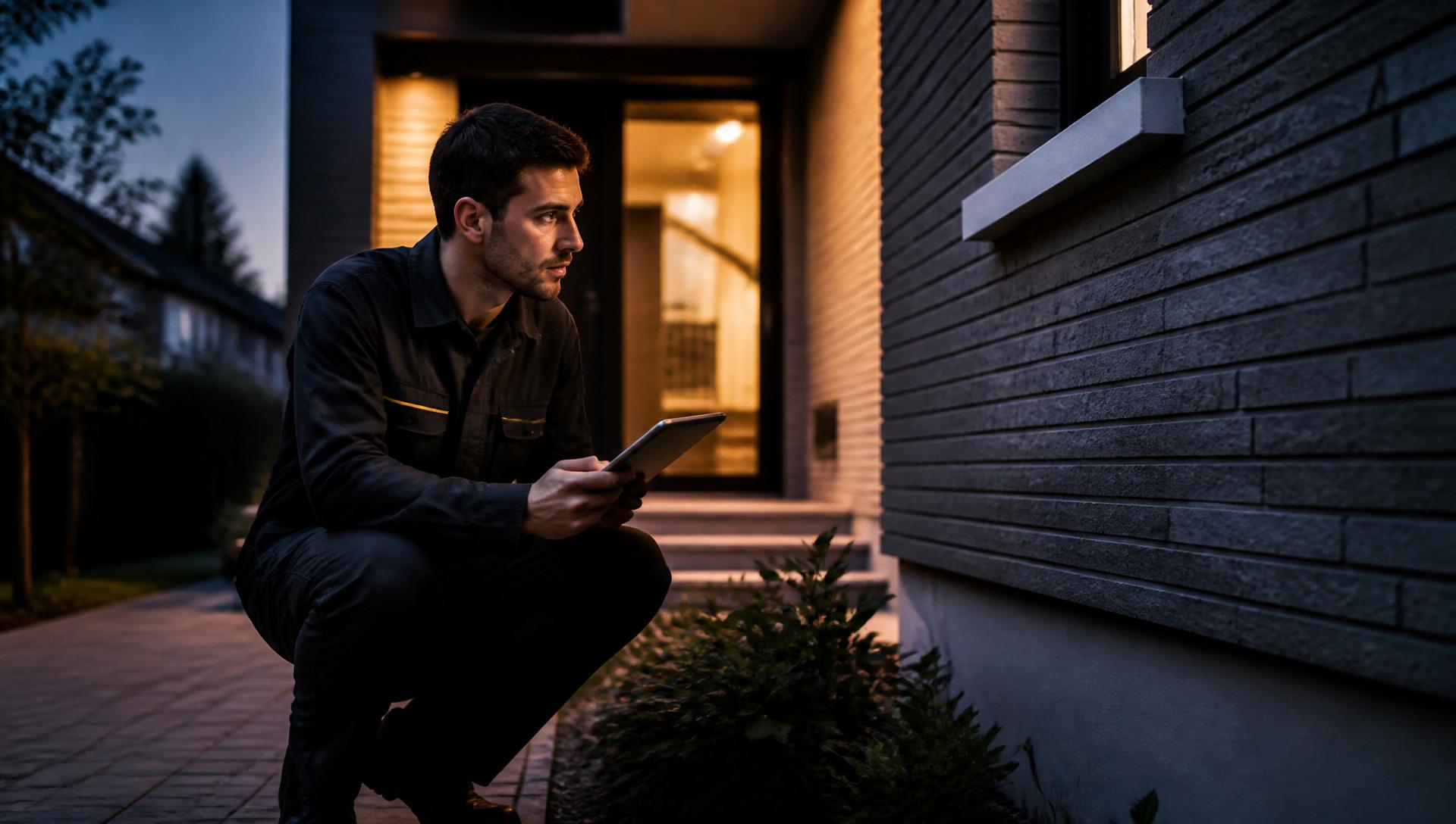 Strike Pest Solutions technician inspecting an Ottawa home at dusk